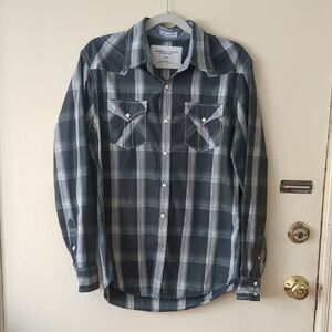 American Eagle Gray Plaid Snap Western Shirt, Size M